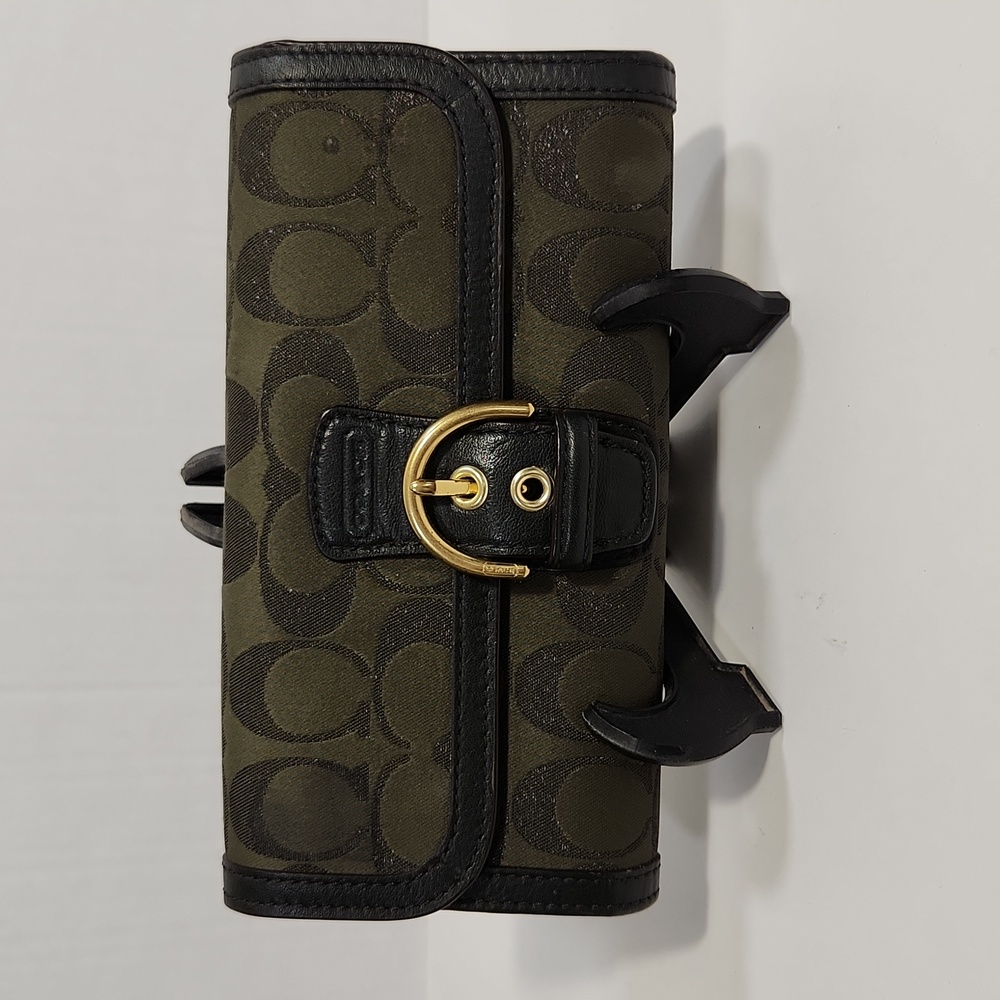 Coach Ladies Army Green Leather Signature Trifold Snap Closure Wallet